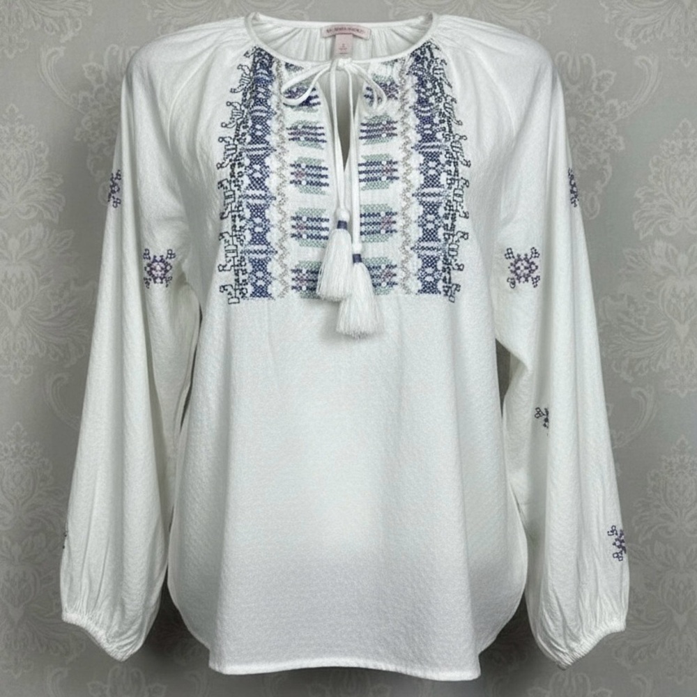 Knox Rose Blouse XXL 2XL White Boho Peasant Cotton Embroidered Long Sleeve Top